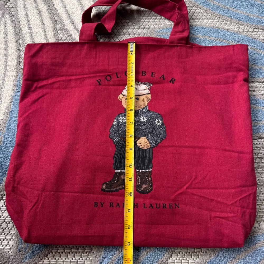 Ralph Lauren Polo Bear Red Canvas Striped Lining Tote Shopping Bag - Picture 6 of 6
